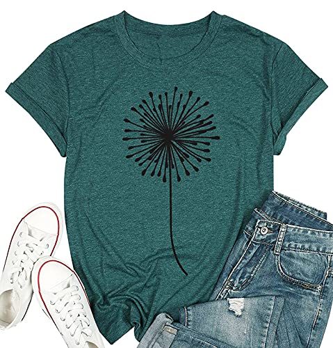Bealatt Dandelion Graphic Tees for Women Make a Wish T Shirt Women's Flower Graphic Tee Tops Summer Cute Short Sleeve Shirt O Neck Blouse Tops Workout Shirts (Green, M) - Image 1
