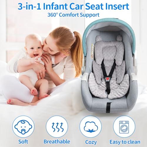 Honeau 3in1 Baby CarSeat Head Support for Infant, Reversible Soft Infant Car Seat Insert Newborn Boy Girl, Breathable Cotton Head Body Support Pillow Cushion,Stroller,Swing,Bouncer,Baby Registry,Grey - Image 2