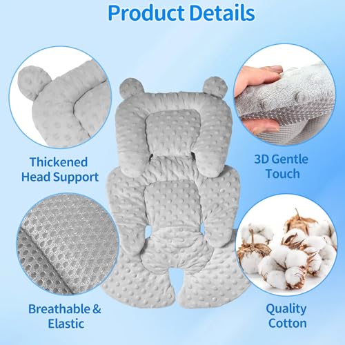 Honeau 3in1 Baby CarSeat Head Support for Infant, Reversible Soft Infant Car Seat Insert Newborn Boy Girl, Breathable Cotton Head Body Support Pillow Cushion,Stroller,Swing,Bouncer,Baby Registry,Grey - Image 3