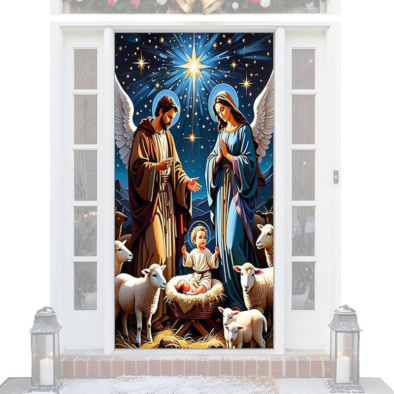 Christmas Nativity Scene Garage Door Cover Fabric Banner For Holiday Party Home Decor - Image 2