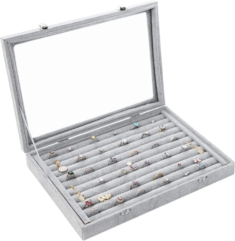 KRISHYAM Rings/Earrings Organizer 10 Slots Velvet Drawer Jewelry Storage Box with Transparent Glass Lid Jewelry Display Case Store Showcase Box Gifts for Girls Women - Image 1