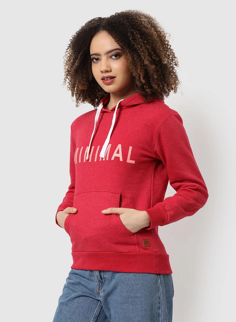 Campus Sutra Women's Red Minimal Hoodie With Kangaroo Pockets