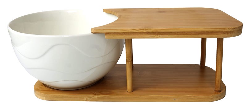 Basic Fundamentals Ceramic Mixing Bowl with Serving Utensils and Bamboo Display Rack - Salad Bowl Set with Bamboo Rack and Server - Wooden Storage Container Rack 5.75 x 16.75 x 9.38 - Image 3