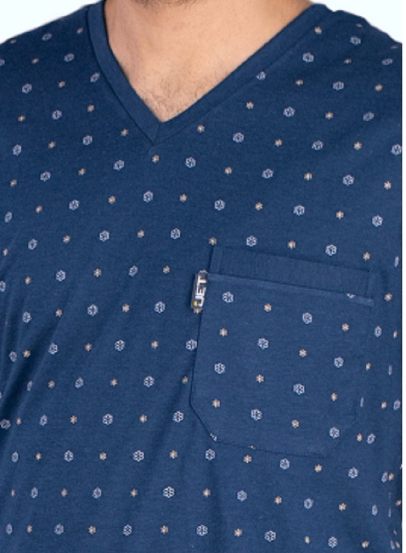 Jet Men Summer Pajama Set Printed Top V Neck & Plain Bottom - Blue