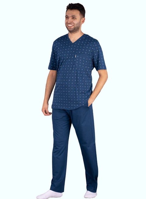 Jet Men Summer Pajama Set Printed Top V Neck & Plain Bottom - Blue