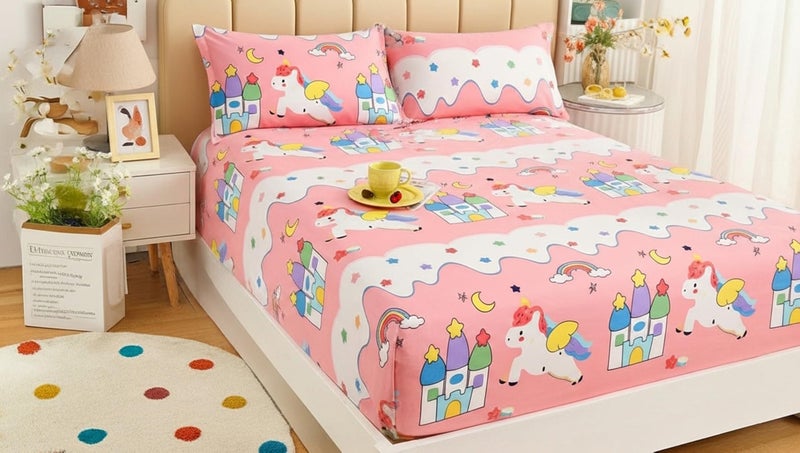 Filymore Star Unicorn Double bedsheet for Girls Kid bedsheet for Queen Size Bed 240 TC Microfiber Soft Cartoon bedcover for Kids Room (90x90 Inches)(Peach and White) - Image 2