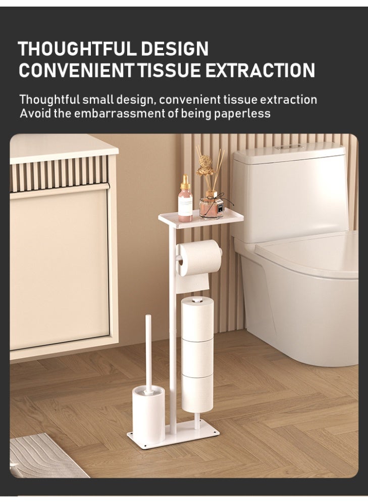 شو وو حامل ورق تواليت أبيض مع رف، حامل ورق تواليت أرضي مقاوم للصدأ قائم بذاته، حامل مناديل تواليت قائم بذاته، حوامل ورق تواليت للحمامات مع فرشاة تواليت - Image 3