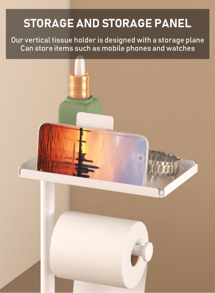 شو وو حامل ورق تواليت أبيض مع رف، حامل ورق تواليت أرضي مقاوم للصدأ قائم بذاته، حامل مناديل تواليت قائم بذاته، حوامل ورق تواليت للحمامات مع فرشاة تواليت - Image 4