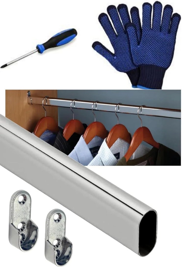 ABBASALI 100cm Wardrobe Bar, Wardrobe Hanging Rod End Support And Screws, Chrome Plated, Gloves & Screwdriver (2) - Image 1