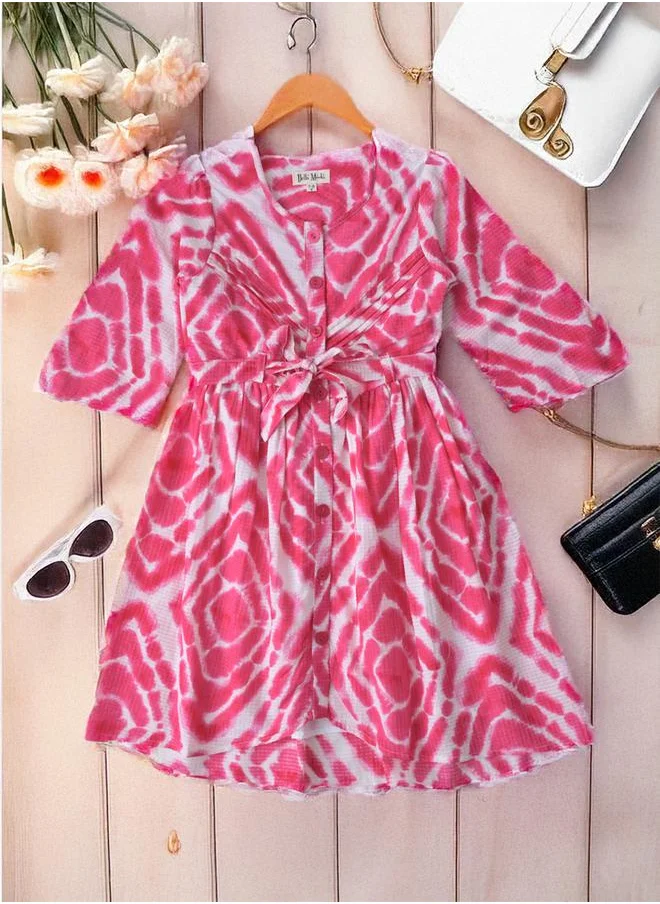 بيلا مودا All-Over Print Fit and Flare Round Neck Dress with Long Sleeves