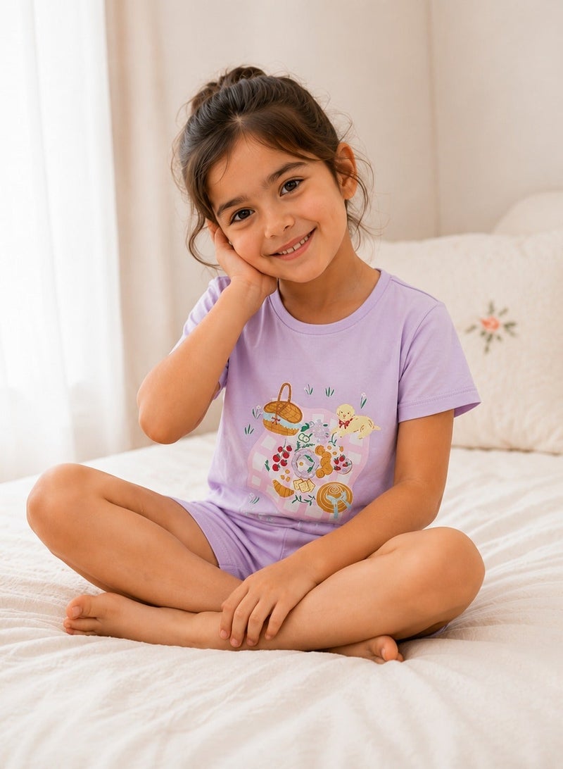 Penti Girl's Cotton Lounge Picnic Shorts Sleeve 2-pack Pajama Set - Lilac - Image 2