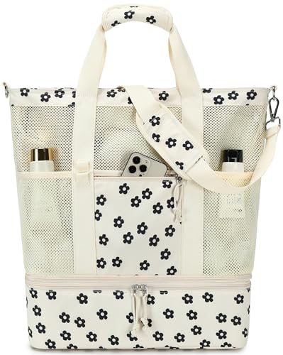 Bluboon Mesh Beach Tote Bag with Cooler Compartment Insulated Detachable Picnic Bag with Zipper and Pocket Pool Bag for Women Black floral beige - Image 1