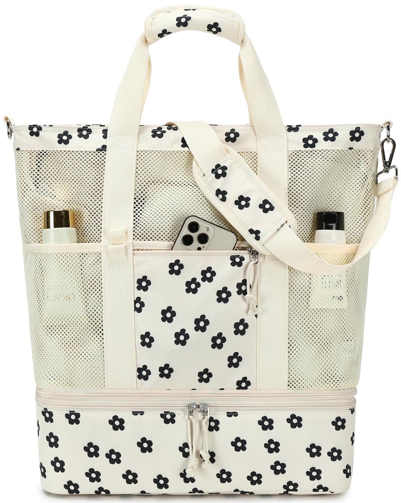 Bluboon Mesh Beach Tote Bag with Cooler Compartment Insulated Detachable Picnic Bag with Zipper and Pocket Pool Bag for Women Black floral beige - Image 2