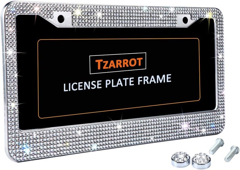 TZARROT إطار لوحة ترخيص أبيض لامع مرصع بأحجار الراين للنساء، إطار لوحة سيارة معدني مقاوم للصدأ، إكسسوارات سيارات لامعة لطيفة للنساء والفتيات (1) - Image 3