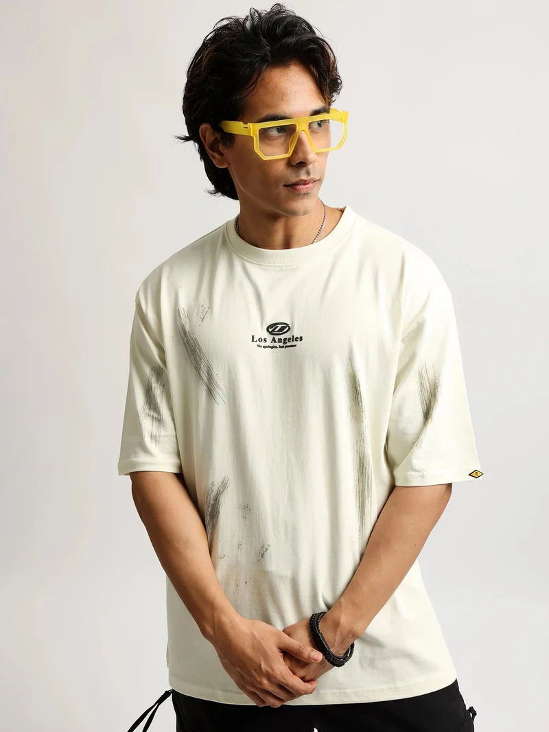 Maniac Maniac Mens Puff Printed Round Neck Half Sleeve Cream and Dark Grey Cotton Tshirt