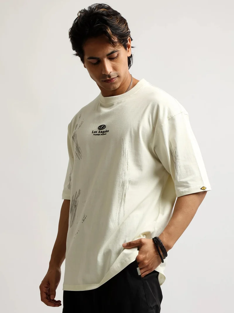 مانياك Maniac Mens Puff Printed Round Neck Half Sleeve Cream and Dark Grey Cotton Tshirt