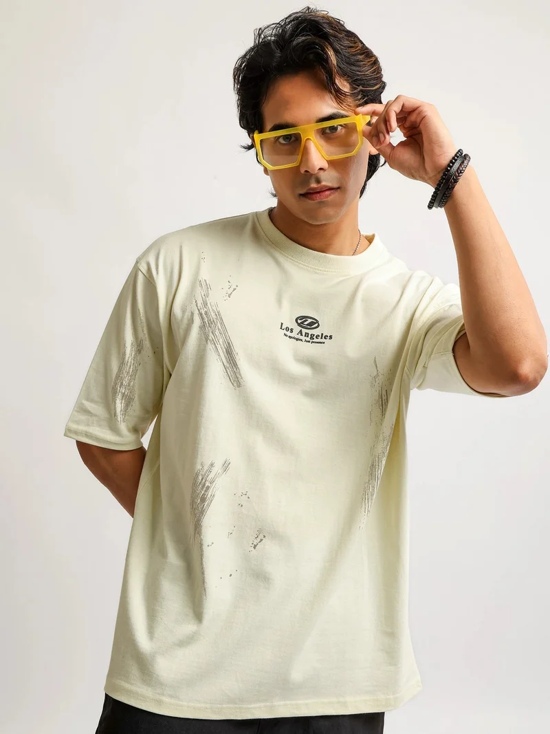 مانياك Maniac Mens Puff Printed Round Neck Half Sleeve Cream and Dark Grey Cotton Tshirt