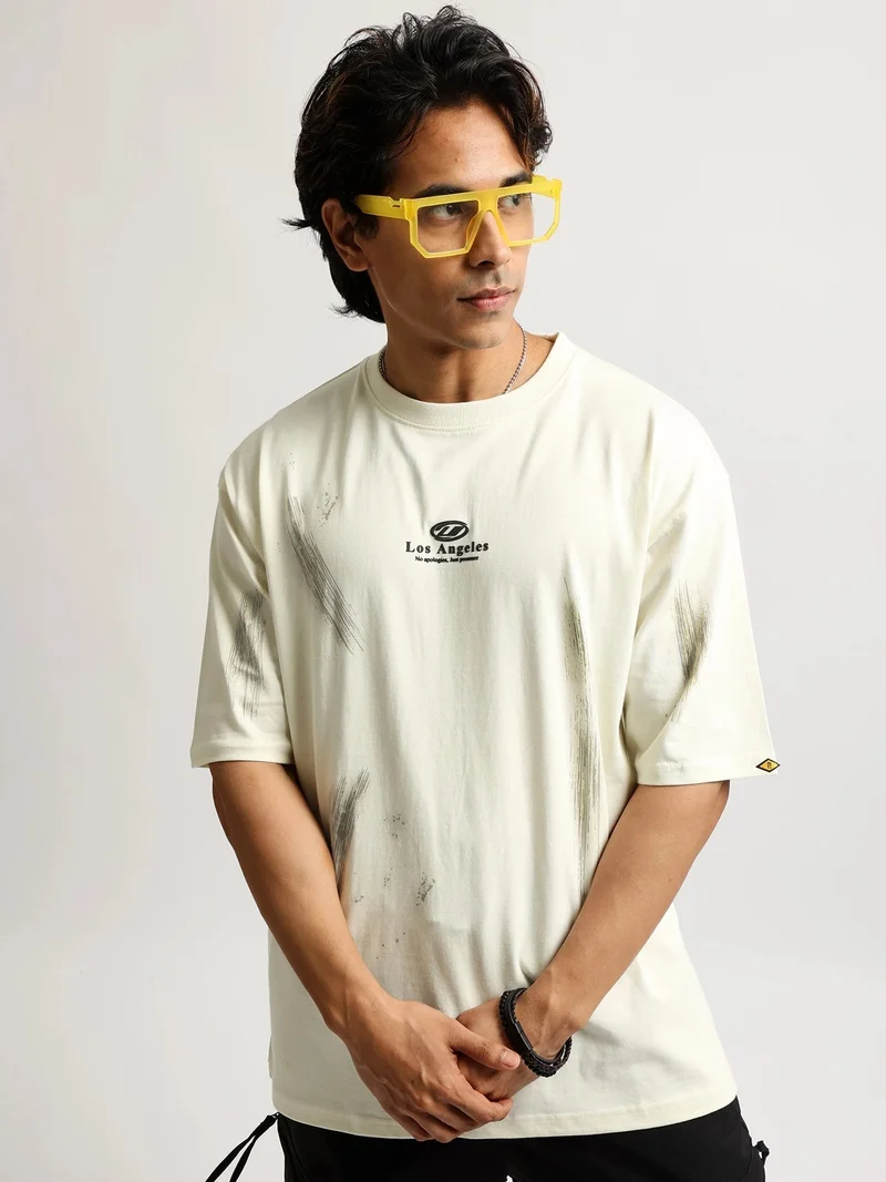 مانياك Maniac Mens Puff Printed Round Neck Half Sleeve Cream and Dark Grey Cotton Tshirt