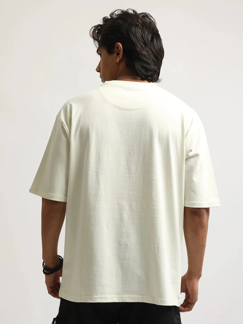 Maniac  Maniac Mens Puff Printed Round Neck Half Sleeve Cream and Dark Grey Cotton Tshirt for Men | Best Price UAE