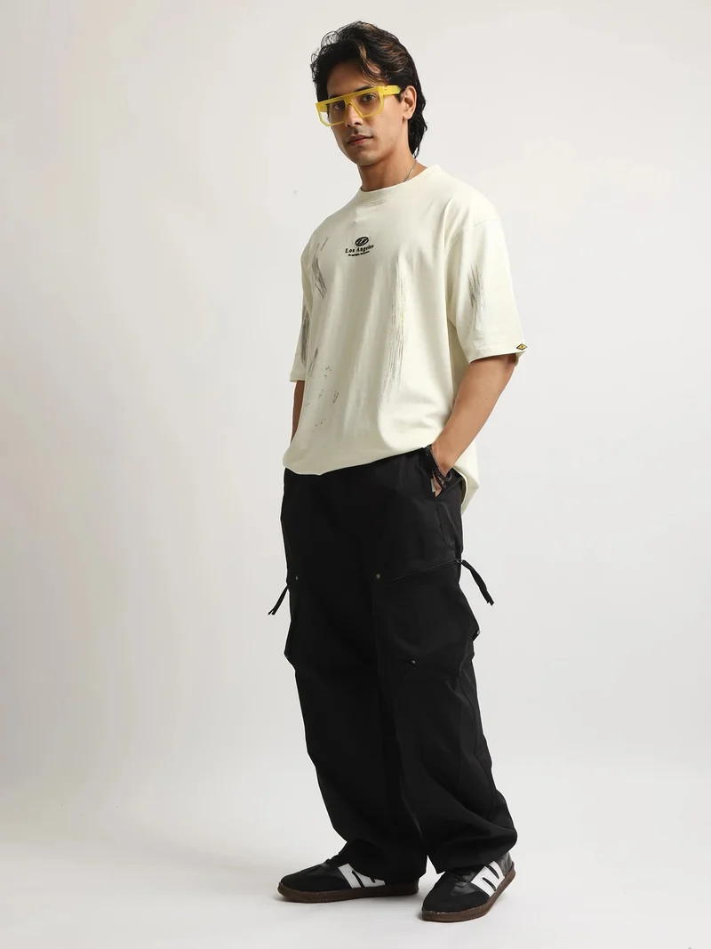 Maniac  Maniac Mens Puff Printed Round Neck Half Sleeve Cream and Dark Grey Cotton Tshirt for Men | Best Price UAE