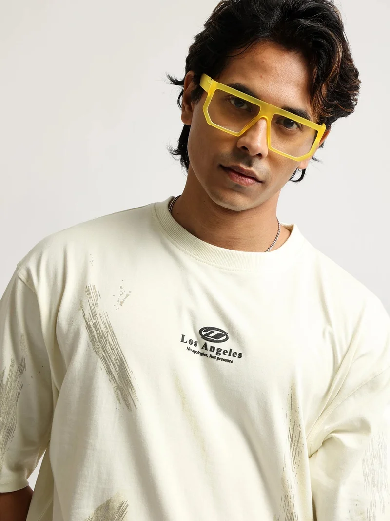 مانياك Maniac Mens Puff Printed Round Neck Half Sleeve Cream and Dark Grey Cotton Tshirt