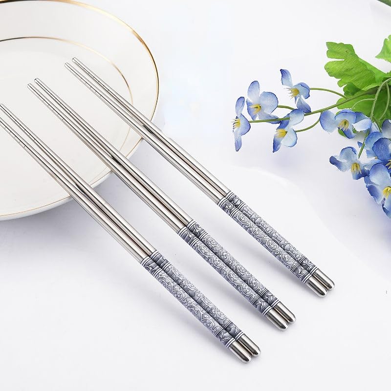Fulkiza Metal Chopsticks Reusable Chop Sticks 5 Pairs with NonSlip Stainless Steel Chopsticks Japanese Korean Chopstick Dishwasher Safe Exquisite Pattern 5 Pair Set - Image 3