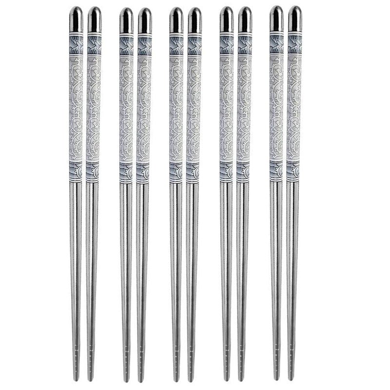 Fulkiza Metal Chopsticks Reusable Chop Sticks 5 Pairs with NonSlip Stainless Steel Chopsticks Japanese Korean Chopstick Dishwasher Safe Exquisite Pattern 5 Pair Set - Image 2