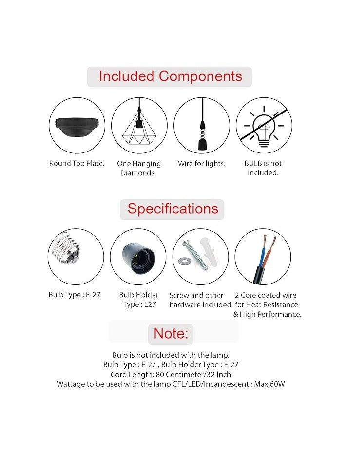 Generic - Black Color Metal Edison Filament Hanging Caged, E27 Holder, Decorative, Urban Retro Style,Ceiling Lamp (Diamond Pack of 1) - Image 1