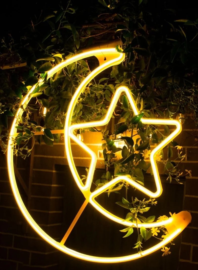 هلال إضاءة LED مزخرفة على شكل قمر ونجمة - كبيرة | غرفة المعيشة، غرفة النوم، داخلي، خارجي | ديكور إضاءة مقاوم للماء | ديكور المنزل في رمضان والعيد | هدية إسلامية | إضاءة بيضاء دافئة | كابل بطول 1.5 متر - Image 1