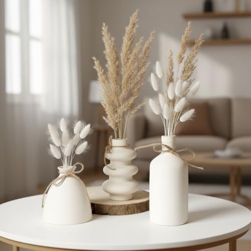 PUREZENTO ﻿PUREZENTO KONSO Family White Ceramic Vase - Set of 3 | Unique Shape Vases for Modern Home Decor, Shelves, Coffee Tables, Living Room | Vase for Pampas Grass, Dried, and Artificial Flowers - Image 2