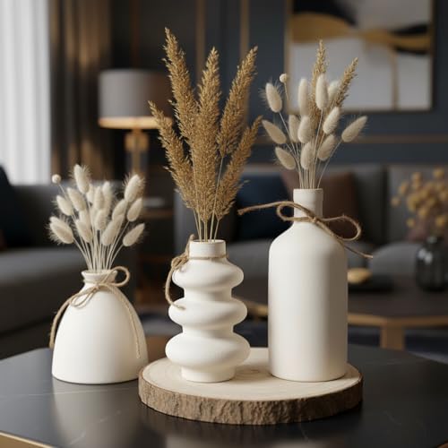 PUREZENTO ﻿PUREZENTO KONSO Family White Ceramic Vase - Set of 3 | Unique Shape Vases for Modern Home Decor, Shelves, Coffee Tables, Living Room | Vase for Pampas Grass, Dried, and Artificial Flowers - Image 1