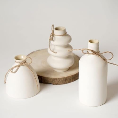 PUREZENTO ﻿PUREZENTO KONSO Family White Ceramic Vase - Set of 3 | Unique Shape Vases for Modern Home Decor, Shelves, Coffee Tables, Living Room | Vase for Pampas Grass, Dried, and Artificial Flowers - Image 4