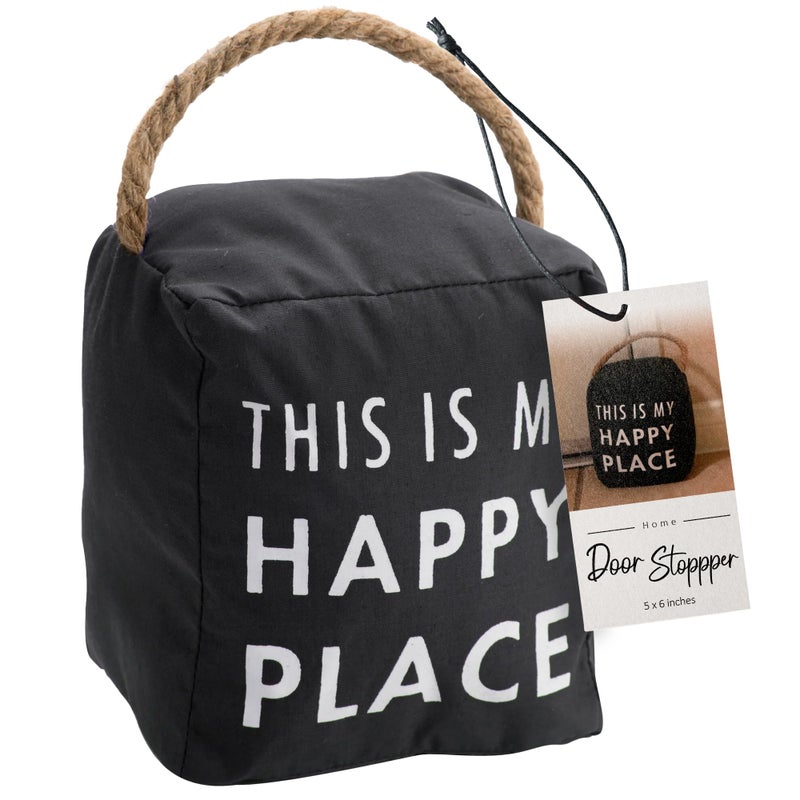 Pavilion Gift Company Pavilion "This Is My Happy Place" Canvas Door Stopper - Weighted Fabric Decorative Doorstop with Handle, Polyester Sand Bag Soft Door Stoppers for Interior Doors, Black Home Decor, 5 x 4.75 x 6" - Image 1