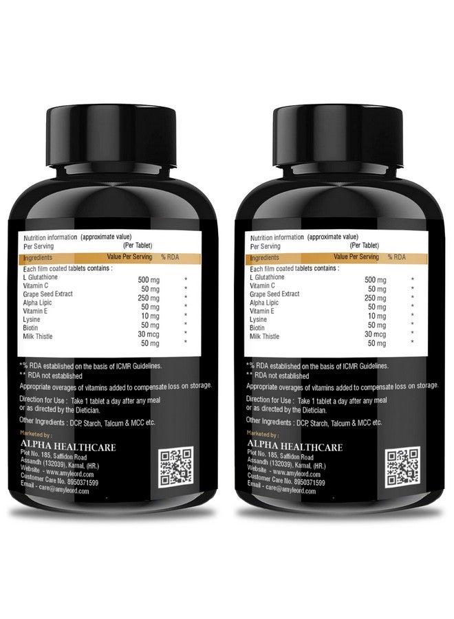 L - Glutathione Tablets 1000Mg With Vitamin C & E, Milk Thistle, Biotin, Grape Seed Extract For Help To Skin Glow And Hydration (Combo) (Black Goden Flavour) (120 Count) (120 Count)