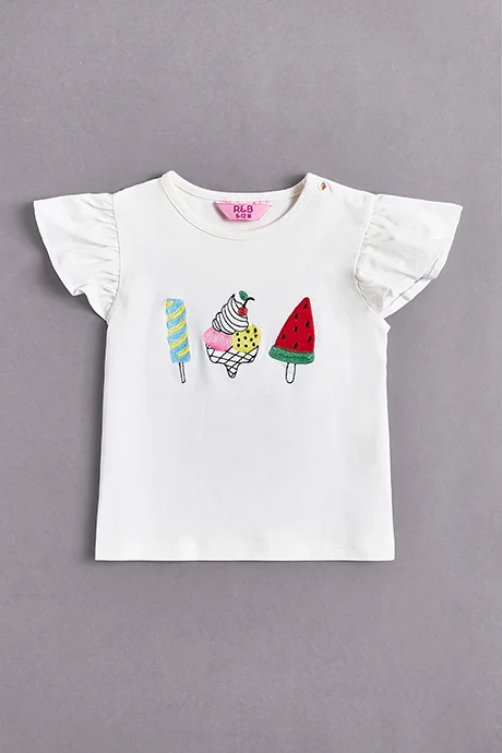 R&B Embroidered Top with Crew Neck and Flutter Sleeves
