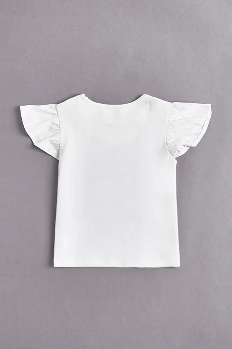 R&B Embroidered Top with Crew Neck and Flutter Sleeves