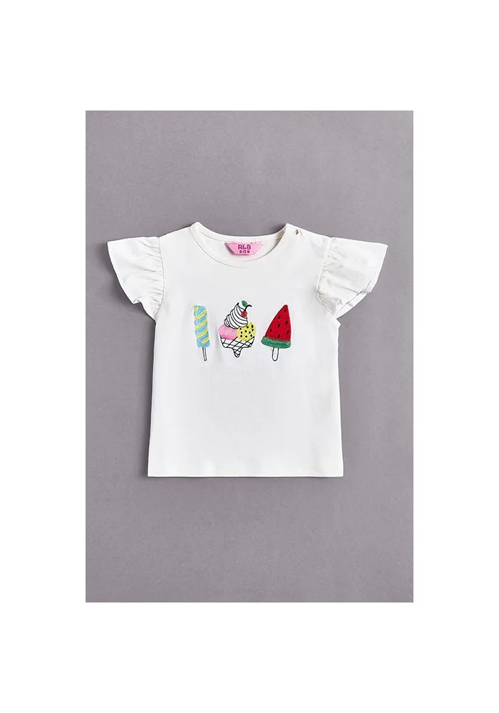 أر أند بي Embroidered Top with Crew Neck and Flutter Sleeves