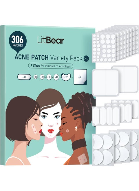 LitBear Large Pimple Patches 7 Sizes 306 Patches Big Acne Patches XL Hydrocolloid Bandages for Full Face Forehead Chin Nose Body Back Neck  Chest Oval Moon Square hydrocolloid Patch