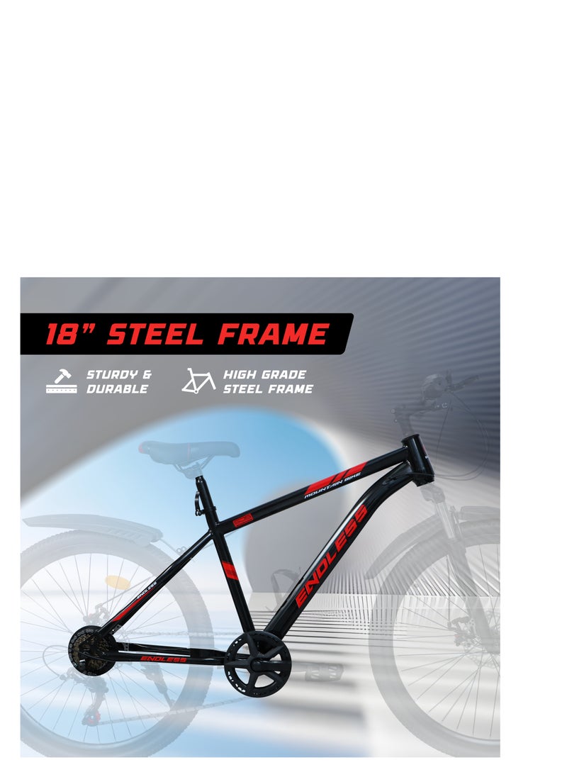 ENDLESS  Endless 26" 7-Speed Mountain Bike for Adults | High Carbon Steel 18" Frame, Disc Brakes, Suspension MTB with Front & Rear Mudguards, Adjustable Seat, 2.135" All-Terrain Tires – Men & Women  - Image 4