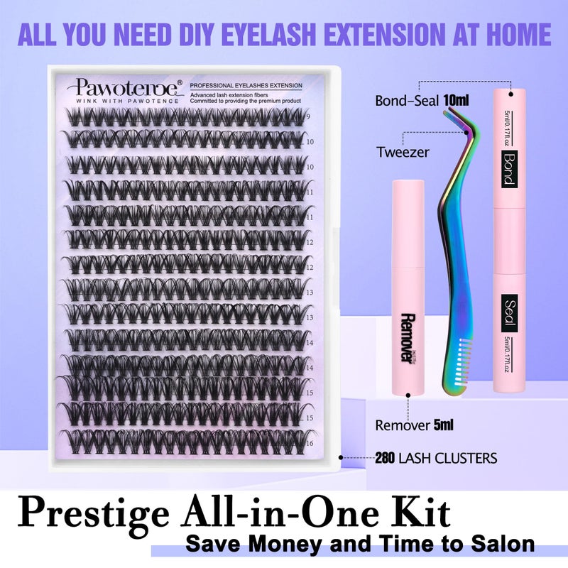 Pawotence Lash Extension Kit DIY 280pcs Individual Lash Clusters Kit 9-16mm 40D Cluster Eyelash Extension Kit with Lash Bond and Seal, Lash Remover, Lash Tweezers for Self Use (40D, 9-16mm, All Kit) - Image 2