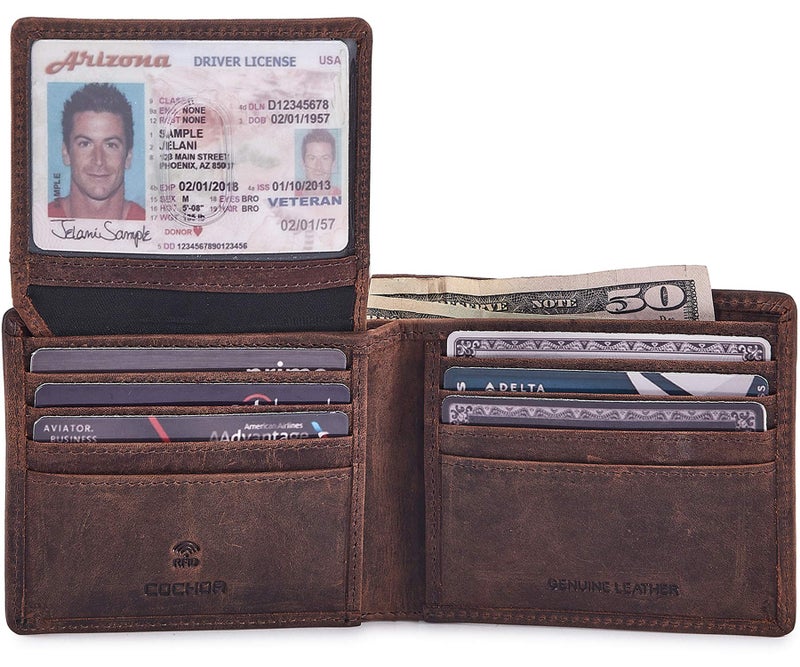 Cochoa Bifold Wallet for Men's Real Genuine Slim Leather RFID Blocking 2 ID Windows Stylish Travel Gift Box (CRAZY HORSE, COGNAC) - Image 1