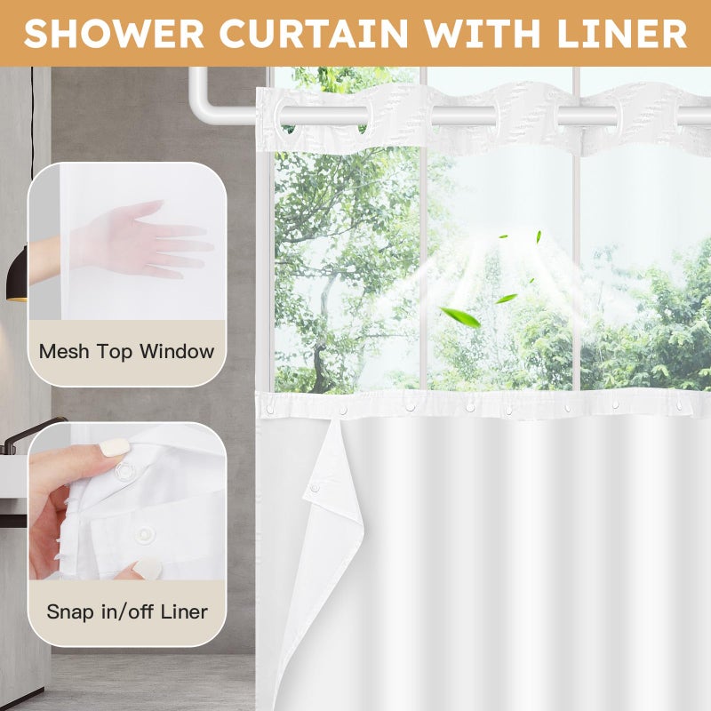 FADOTY No Hook Shower Curtain and Snap in Liner Set White Tufted Chevron Striped Cloth Waterproof Washable Fabric Boho Bath Curtain with See Through Mesh Top Window for Bathroom Hotel 71" x 74" - Image 3