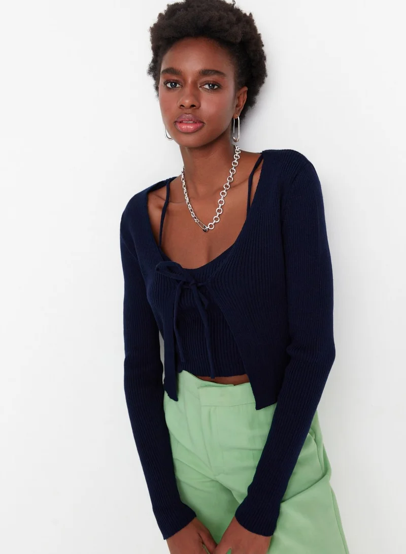 trendyol Tie Detail Cardigan & Crop Top Set