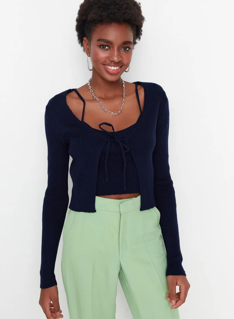 trendyol Tie Detail Cardigan & Crop Top Set
