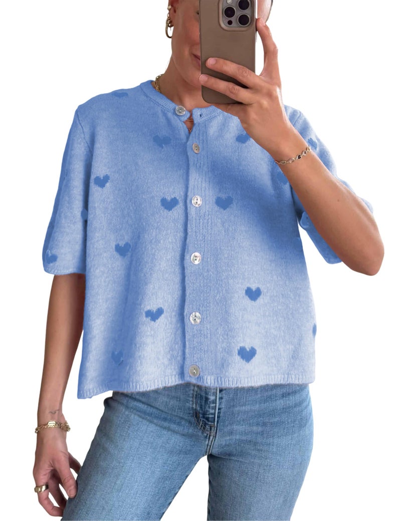 Springrain Womens Lightweight Short Sleeve Cardigan Button down Cropped Cute Heart Sweaters Knitwear(Blue-XS) - Image 1