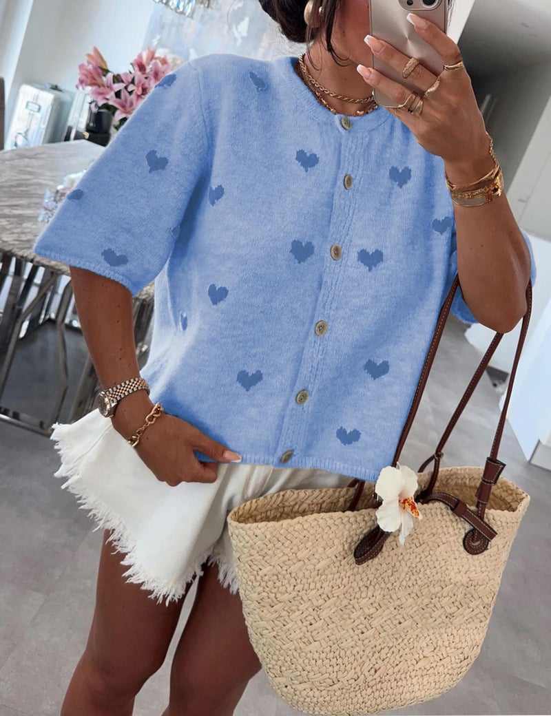 Springrain Womens Lightweight Short Sleeve Cardigan Button down Cropped Cute Heart Sweaters Knitwear(Blue-XS) - Image 3