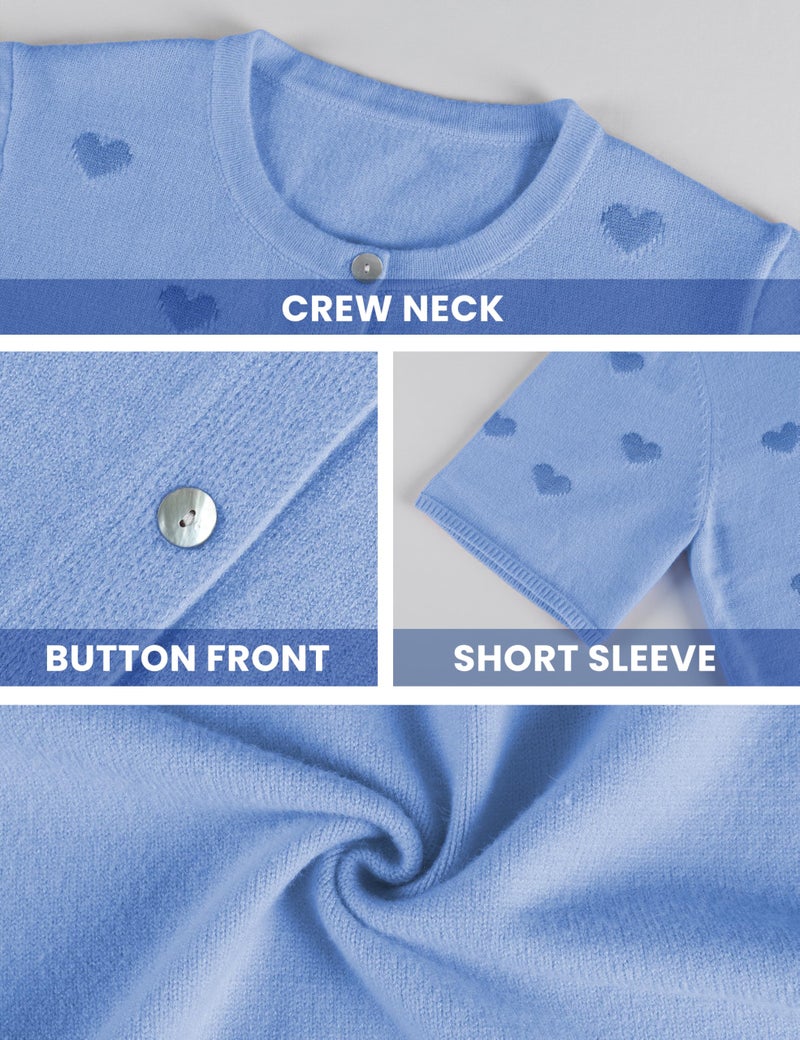 Springrain Womens Lightweight Short Sleeve Cardigan Button down Cropped Cute Heart Sweaters Knitwear(Blue-XS) - Image 5