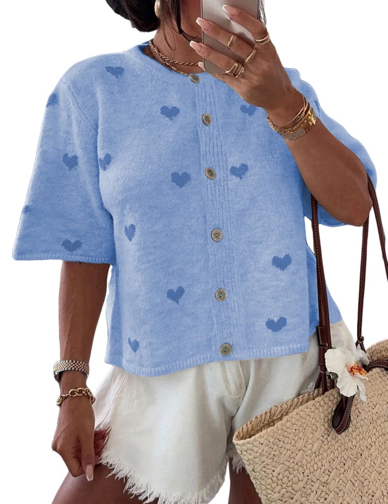 Springrain Womens Lightweight Short Sleeve Cardigan Button down Cropped Cute Heart Sweaters Knitwear(Blue-XS) - Image 2