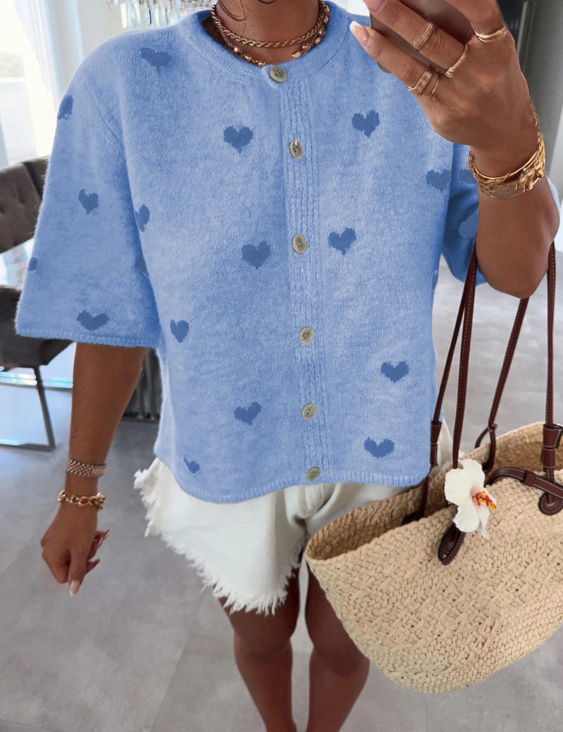 Springrain Womens Lightweight Short Sleeve Cardigan Button down Cropped Cute Heart Sweaters Knitwear(Blue-XS) - Image 4