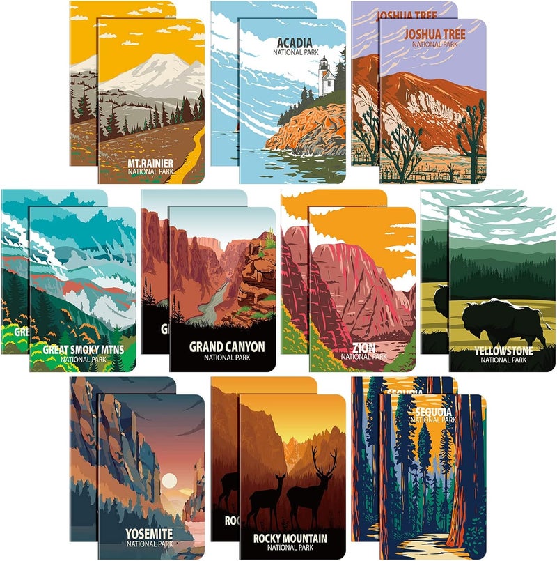Sureio 20 Pack National Park Mini Notebook Pocket Adventure Notebook Memo Book Mountain Art Prints Small Notepad for Adventure Seekers Hikers Travellers 32 x 5 Inches10 Styles - Image 1